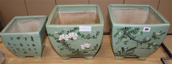 Three Chinese celadon glazed jardinieres, largest 9in.